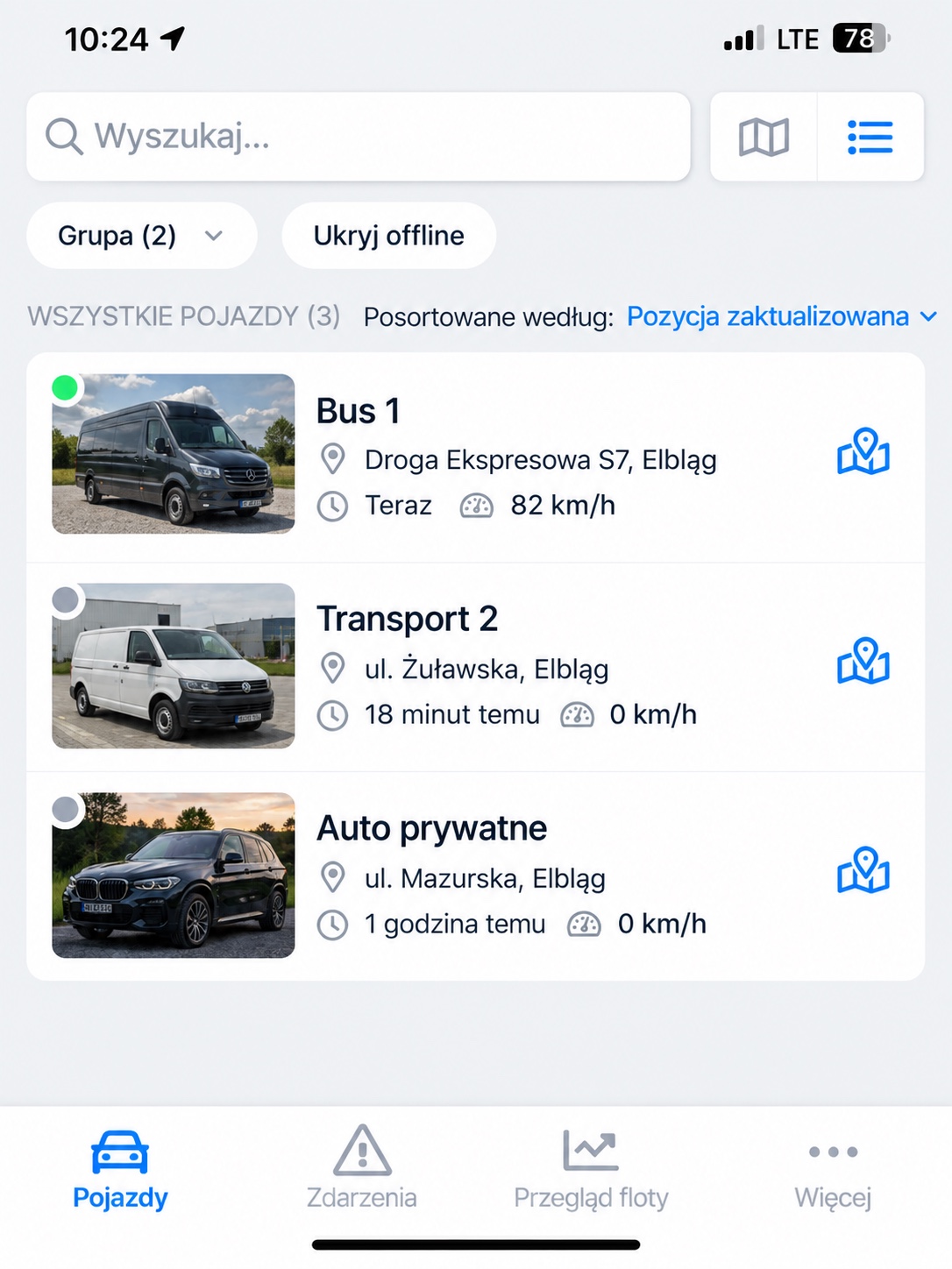 Lista pojazdów — aplikacja GpsGate Fleet