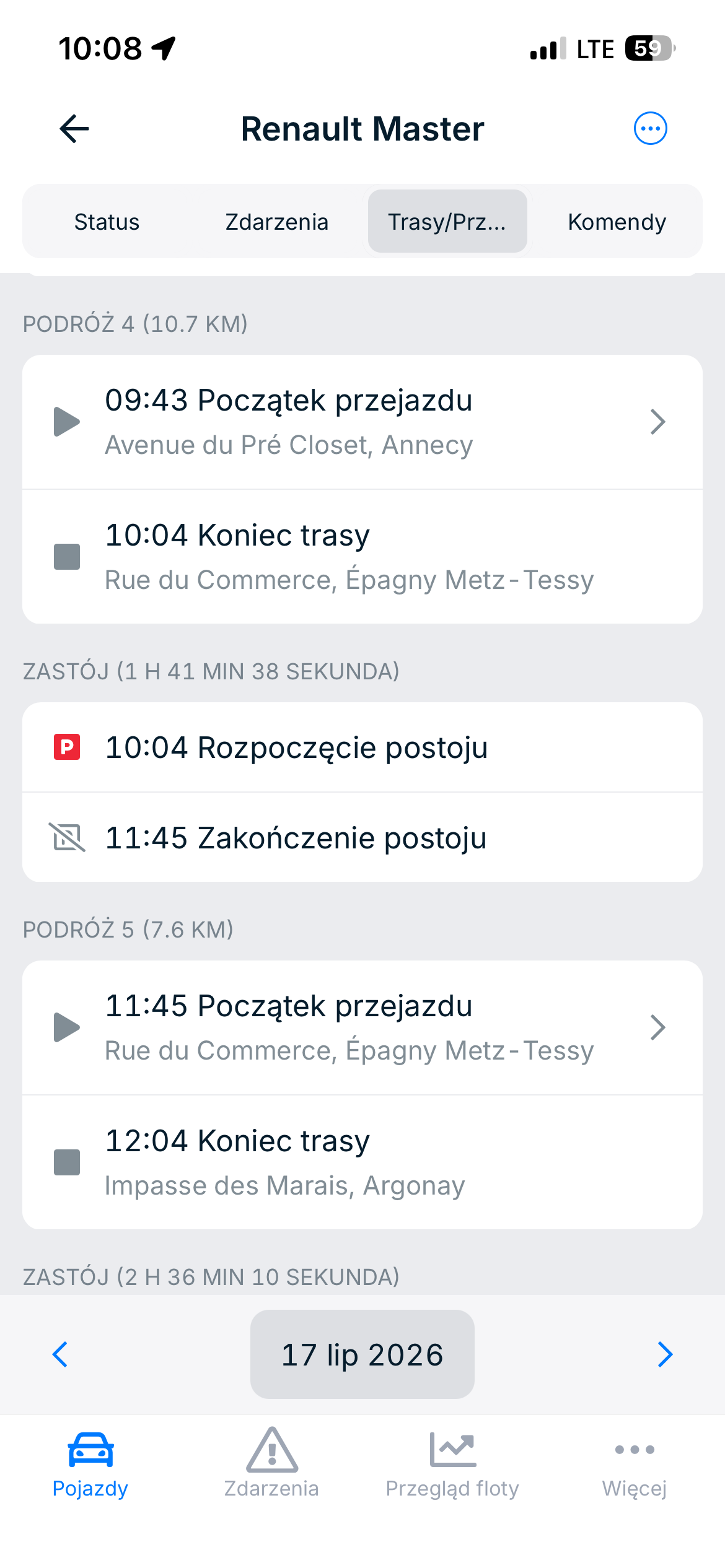Przejazdy i postoje — aplikacja GpsGate Fleet
